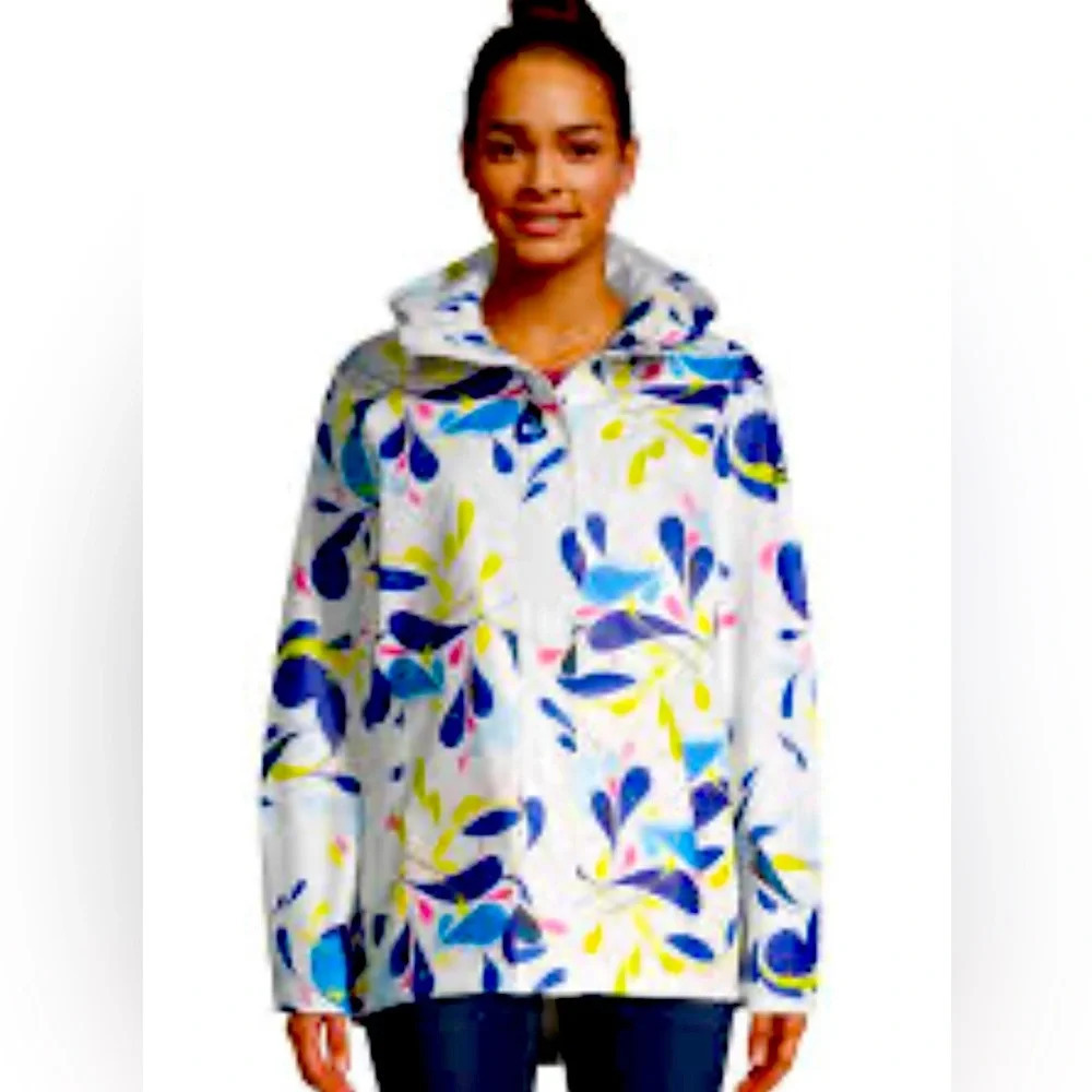 HELLY HANSEN Sz S Moss Floral Hooded Pockets Drawstring Rain Coat Jacket NWOT